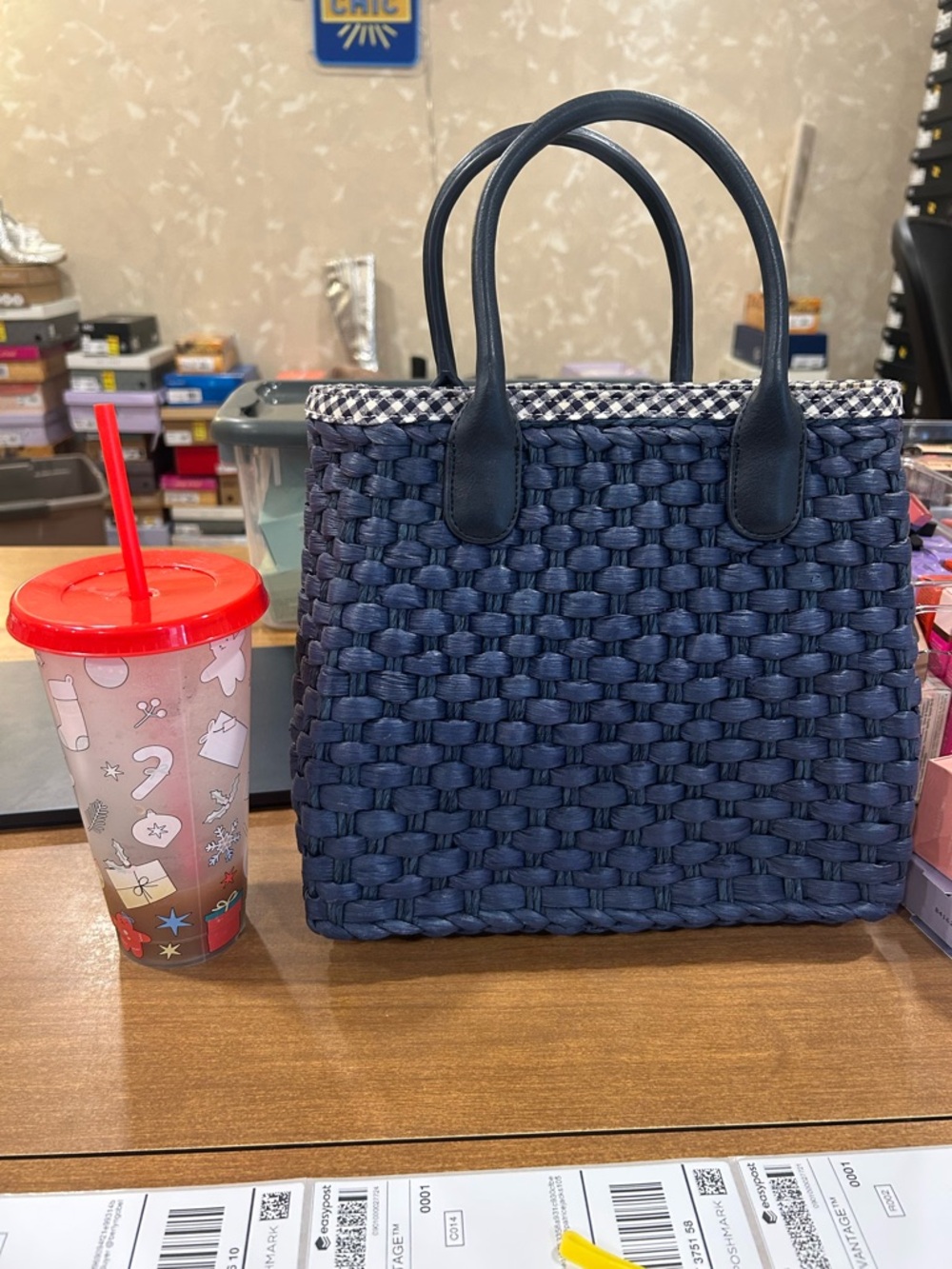 Talbots Top Handle Bag Womens Small Blue Woven Plastic Gingham Lined Purse - Picture 9 of 9